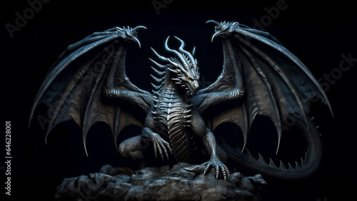 Fantasy dragon on the rock, black dragon in a black background,
