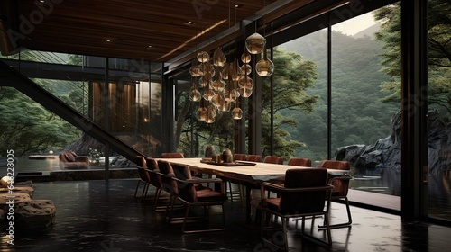 High-end residential dining room table interior with comfortable green trees