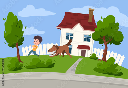 Vector illustration of frightened boy runs from a huge bulldog with red eyes that wants to bite him and barks, fear of god, against the backdrop of a white house with a lawn and trees