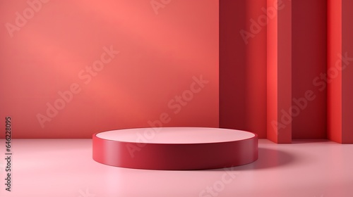 Red background podium light studio stage platform. Empty red podium product display spotlight abstract scene wall floor background pink shadow texture perspective showroom presentation. Generative AI