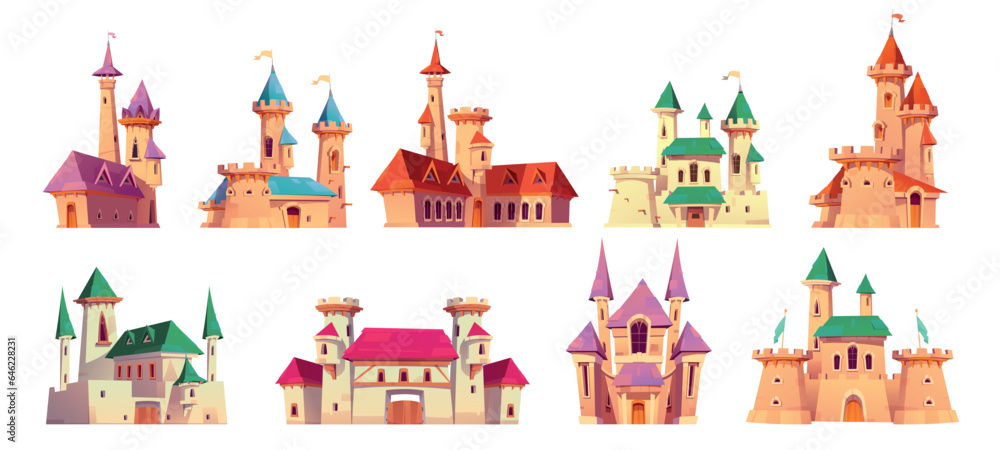 Fairytale medieval royal castle or fantasy princess palace - cartoon vector illustration set of king houses with towers and flags, gates and windows, stone walls. Ancient tale fortress for kingdom.