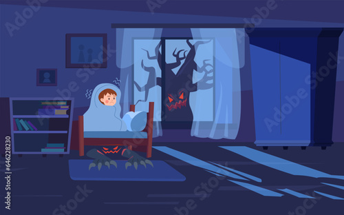 Boy is afraid of dar and monsters under bed, cartoon flat vector illustration.