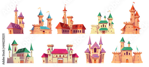 Canvastavla Fairytale medieval royal castle or fantasy princess palace - cartoon vector illustration set of king houses with towers and flags, gates and windows, stone walls