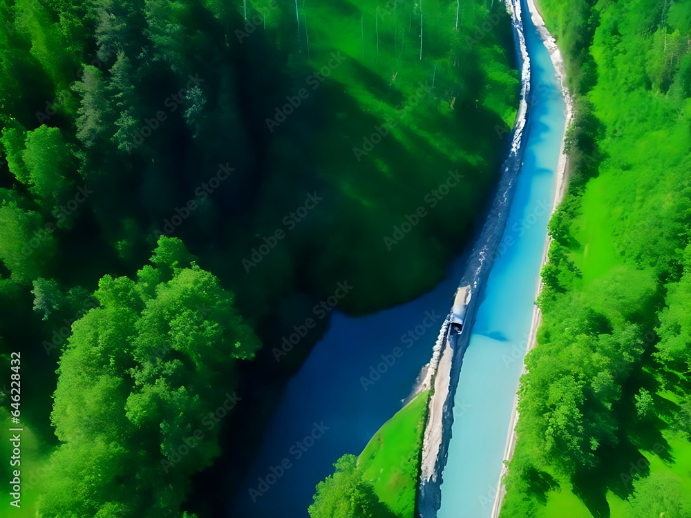 Aerial Vertical View Over The Surface Of A Mountain River. Beautiful natural scenery of river . drone aerial birds eye view of a large green grass forest with tall trees,
