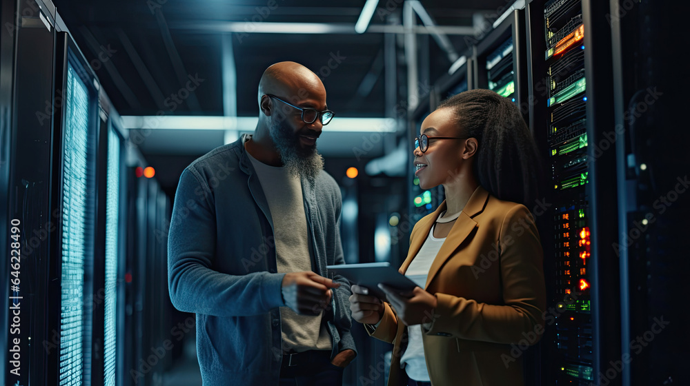 A Male IT Specialist Holds Laptop and Discusses Work with Female Server Technician. They're Standing in Data Center. Generative Ai A Male IT Specialist Holds Laptop and Discusses Work with Female Server Technician. They're Standing in Data Center. Generative Ai