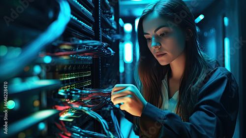 a female network engineer connecting cables in server cabinet while working with supercomputer in data center. Generative Ai