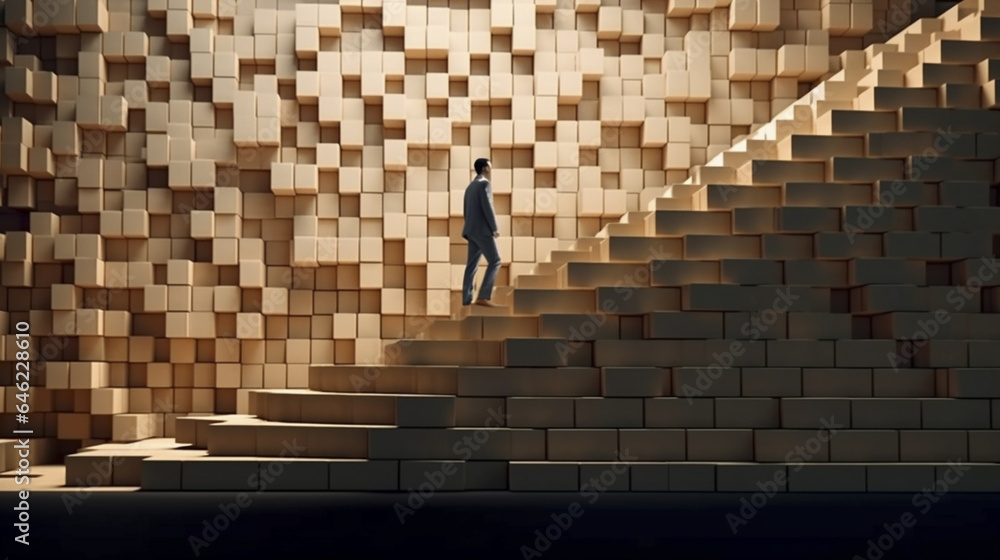 積み木の階段をのぼるビジネスパーソンの男性「AI生成画像」