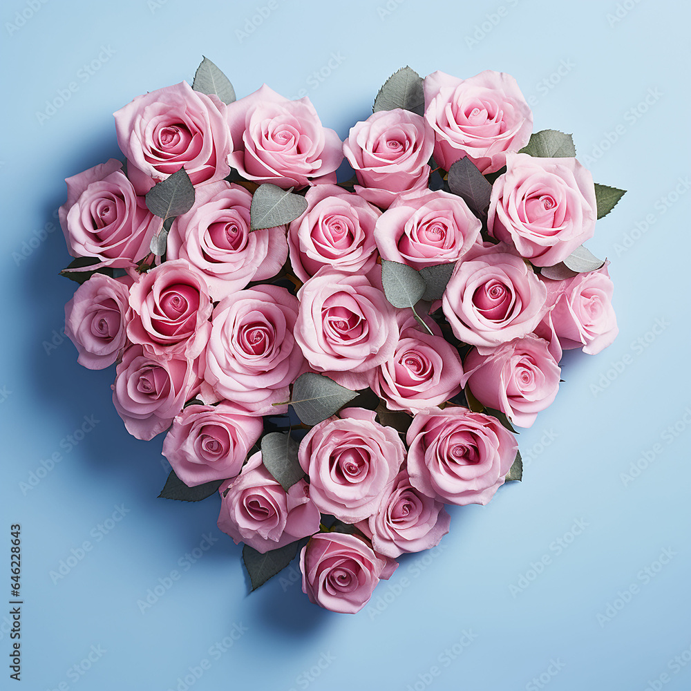 Heart shaped bouquet of beautiful fresh pink rose flowers on pastel blue background. Minimal Valentines Day, Easter, wedding or Mother's day concept. Made with generative ai Heart shaped bouquet of beautiful fresh pink rose flowers on pastel blue background. Minimal Valentines Day, Easter, wedding or Mother's day concept. Made with generative ai