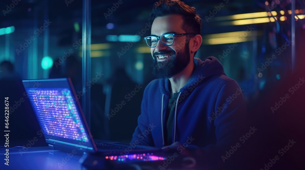 IT Engineer Works on a Laptop Computer. He Look at the Camera with Smile. Data Protection Engineering Network for Cyber Security in Big Cloud Computing Server Farm. Generative Ai