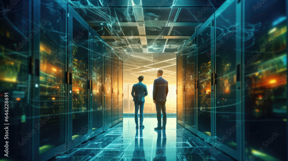 Top View of IT Engineer Working with Laptop in Data Center Full of Active Rack Servers. Generative Ai Top View of IT Engineer Working with Laptop in Data Center Full of Active Rack Servers. Generative Ai