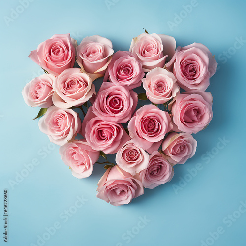 Heart shaped bouquet of beautiful fresh pink rose flowers on pastel blue background. Minimal Valentines Day  Easter  wedding or Mother s day concept. Made with generative ai