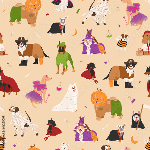 Halloween seamless pattern with dogs in cute halloween costumes. Trick or treat. Happy Halloween vector illustration. Ideal for holiday cards, decorations and gift paper