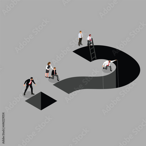 Business people with question mark hole on the ground 3d vector illustration concept for banner, website, illustration, landing page, flyer, etc