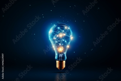 Light bulb, idea concept with innovation and inspiration with blue glowing light on Dark background. 