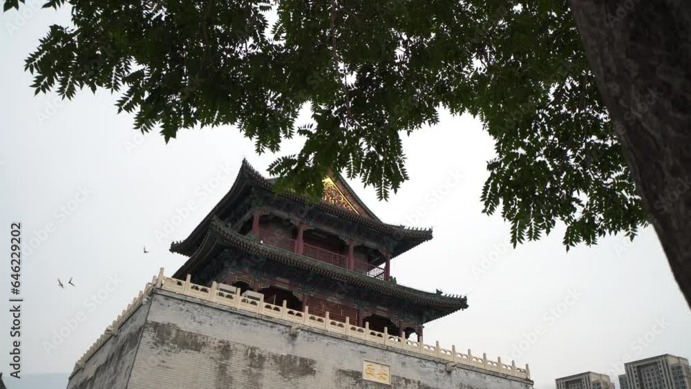 ancient Chinese tower in Tianjin, flying birds ancient Chinese tower in Tianjin, flying birds
