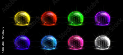 Neon color dome shields set isolated on black background. Vector realistic illustration of glowing 3D spheres with mesh surface, communication technology, data protection system, barrier effect