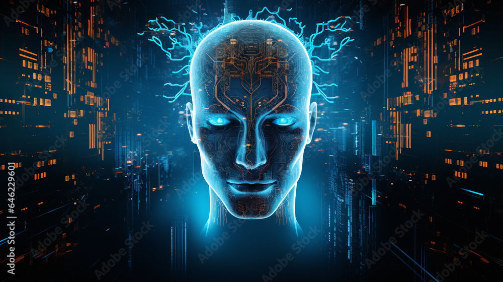 AI and Human Intelligence: A Cybernetic Convergence in Neon Blue AI and Human Intelligence: A Cybernetic Convergence in Neon Blue