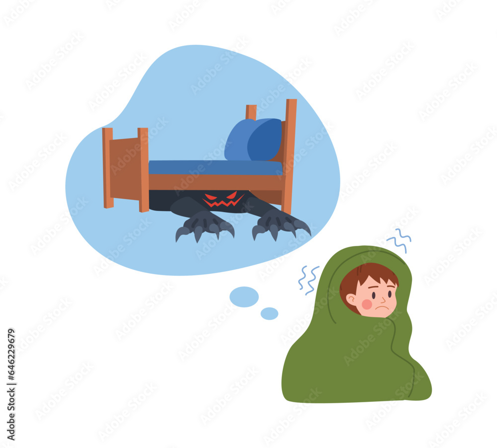 Frightened kid shaking in blanket scared of monster under bed, flat ...