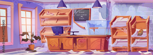 Broken and abandoned bakery shop interior with damaged furniture, shelves and display cases, moldy bread on rack, dried plant, garbage and cobwebs everywhere. Cartoon closed shattered pastries market.