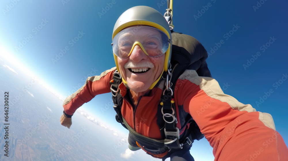A senior skydiver enjoying the thrill of freefall,  adrenaline pumping