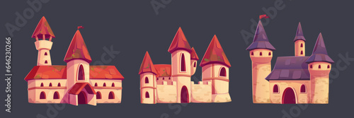 Fairytale kingdom medieval castle cartoon vector set. Dirty abandoned king palace with red roof comic isolated clipart collection. Ancient gothic citadel building with flag drawing game design.