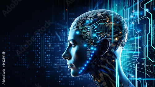 Human-AI Symbiosis: A Futuristic Conceptual Illustration in Neon Blue