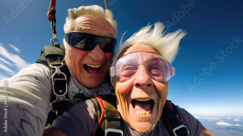 A senior couple sharing a thrilling experience while tandem skydiving