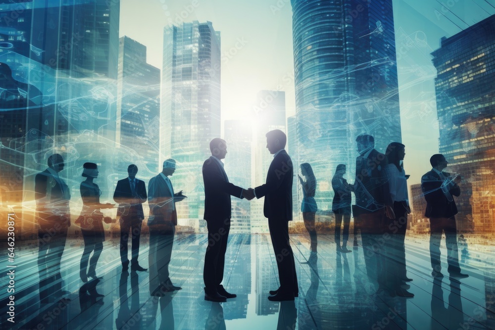 Business people handshake, agree to invest and work together. Double exposure.