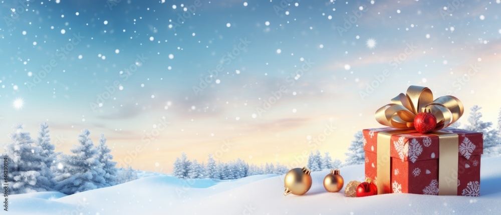 Christmas background. Gift and ball in forest against a blue sky in a snowfall. panorama view. Beautiful Festive Christmas snowy background. copy space.