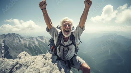 An elderly rock climber triumphantly reaching a summit with arms raised