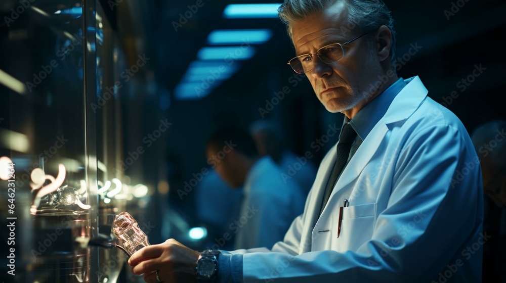 Old male doctor in a white coat in a hospital, medicine and healthcare concept