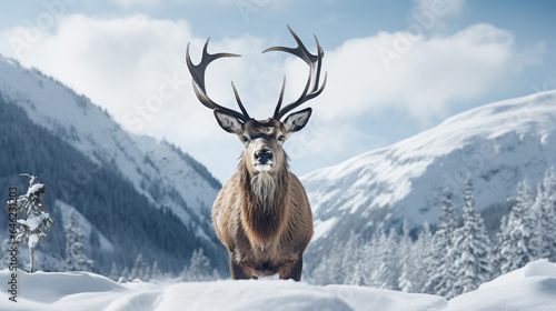 a red deer standing in the woods in the snow, stag in the snow in winter landscape, 