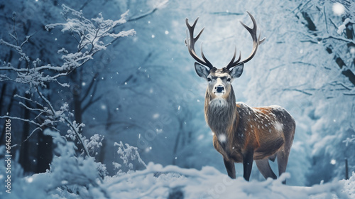 a red deer standing in the woods in the snow  stag in the snow in winter landscape  