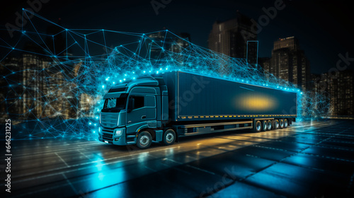 Evening shot of a truck with its GPS tracking system illuminated, showcasing a detailed map.