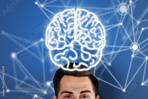 Memory. Man with illustration of brain over his head against blue background with scheme