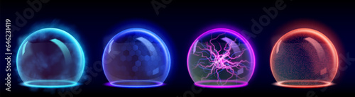 3d bubble shield with energy and thunder effect. Abstract protect sphere dome technology. Vector secure glass cyber immune. Ai hexagon grid smoke design. Magic defence game element in blue and pink