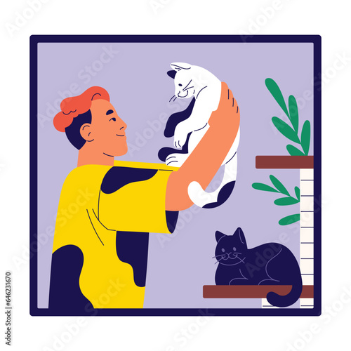 Happy woman with short haircut hugs cute cat. Person relax with adorable fluffy kittens, funny kitty. Girl rest with animal in loneliness. Owner of two pets flat isolated vector illustration