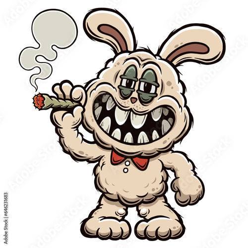 Vector illustration of Cartoon  Rabbit  Evil rabbit smokes a cigarette with marijuana