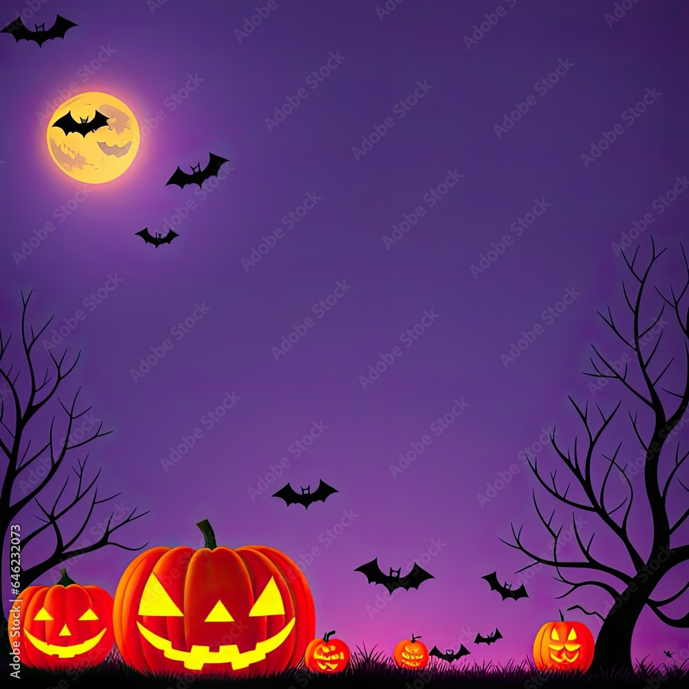 Spooky Halloween Cartoon with Pumpkin Lantern and Bat