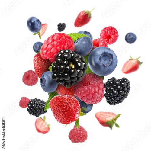 Many different berries flying on white background