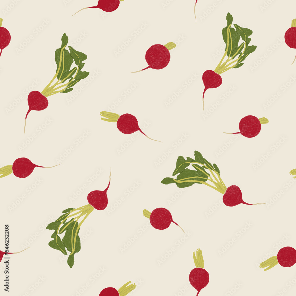 Radishes pattern with leaves on light background for fabric, stationery, design and background. Vegetable illustration Radishes pattern with leaves on light background for fabric, stationery, design and background. Vegetable illustration