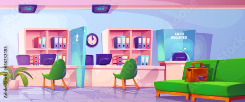 Bank office interior with furniture. Vector cartoon illustration of large waiting room with couch, electronic queue displays on ceiling above desks and chairs, folders on shelves, cash desk window