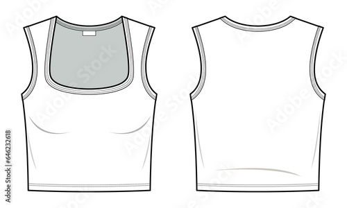 Basic Square Neck Crop Top technical fashion illustration.  Crop Top vector template illustration. front and back view. slim fit. ladies. white color. CAD mockup set.