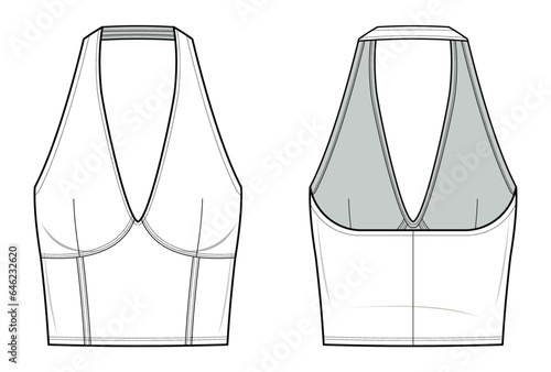 backless halter crop top technical fashion illustration. halter top vector template illustration. front and back view. slim fit. v-neck. women's. white color. CAD mockup set. photo