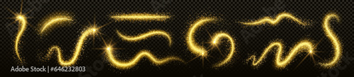 Fairy magic golden light trail with bright flash and star dust. Realistic vector curve wave line with flare and gold glitter and sparkles. Shine and glow tail from wand with particles and glow effect.
