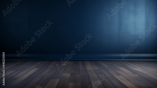 Fototapeta Naklejka Na Ścianę i Meble -  Dark blue wall in an empty room with a wooden floor. Generative AI