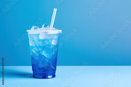 Blue drink in a plastic cup isolated on a blue background. Take away drinks concept with copy space