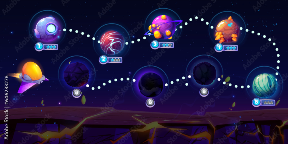 Space adventure arcade game map. Vector cartoon illustration of night sky background with stars, travel route between fantasy alien planets, score stars and lock icons, app user interface design