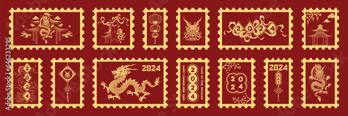Happy chinese new year 2024 postage stamp set. The dragon zodiac sign with clouds, lantern, asian elements gold paper cut style on red background. Isolated vector illustration. 