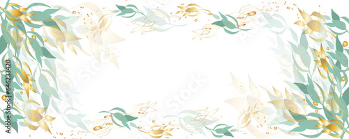 Golden botany banner Japanese.Abstract art background . Luxury minimal style wallpaper with lineart eucalyptus leaves  Gold foil texture  gold glitter  watercolor texture luxurious foil texture .